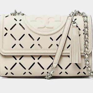 Tory Burch Fleming Diamond Perforated Convertible Shoulder Bag (White/Cream)